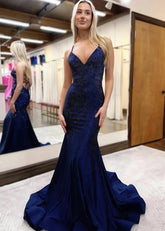 Mandy | Mermaid Spaghetti Straps Long Red Prom Dress with Beading - Navy Blue - PromDressClub
